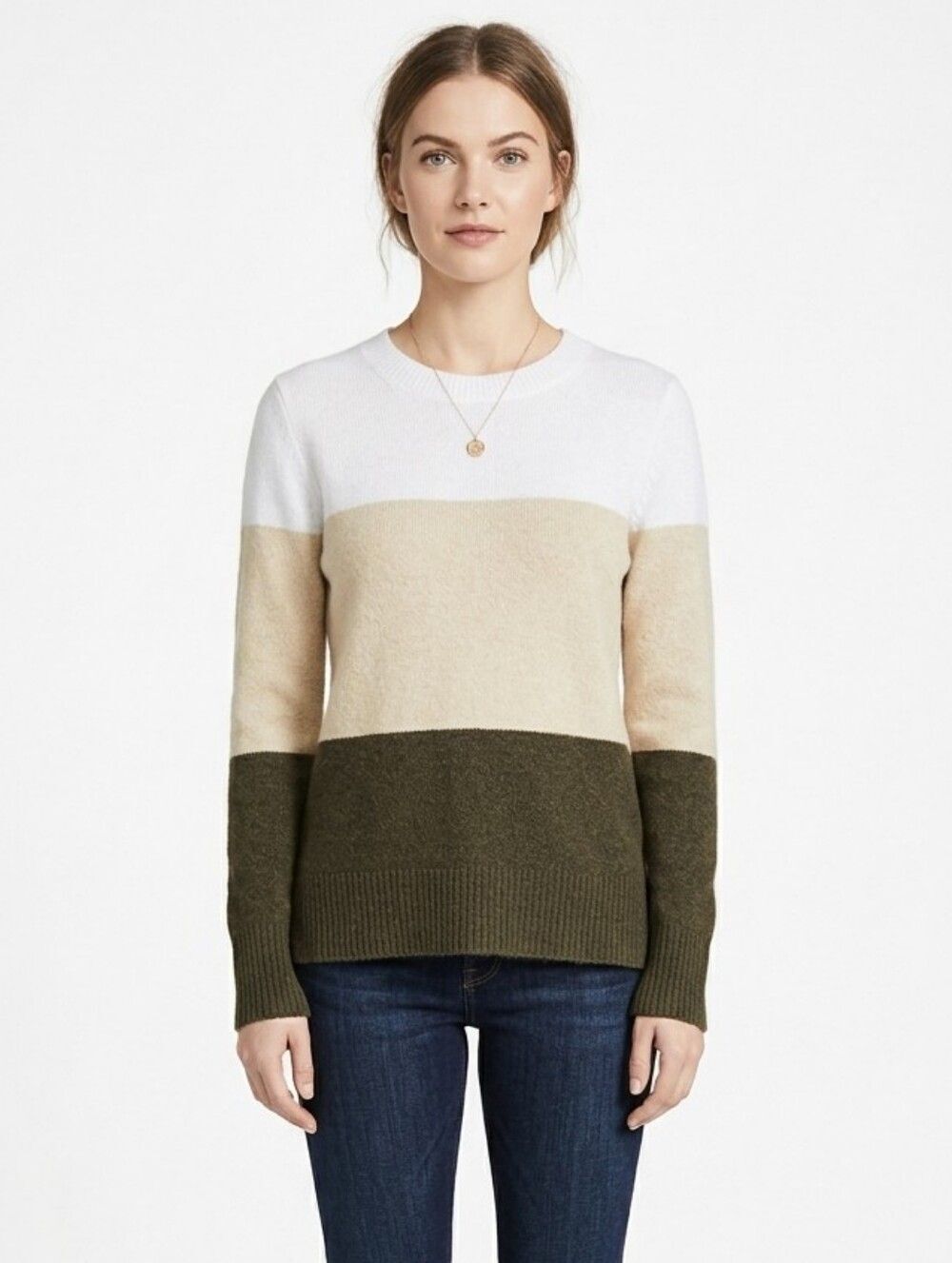 J. Crew Extra Soft Wool Blend Colorblock Crewneck Sweater White Tan Olive Small